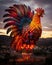 Vibrant rooster perched atop a rural landscape, featuring a lush open field, AI-generated.