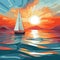 Vibrant Sail Boat And Waves At Sunset - Acrylic Figural Drawing Illustration