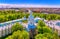 Vibrant Saint Petersburg sunny cityscape panorama from bell tower of Smolniy orthodox cathedral  in summer