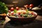 Vibrant salad ensemble presented atop the wooden dining table