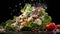 A vibrant salad with lettuce, pomegranate seeds, cheese sprinkles, and tomatoes amidst a dynamic splash of dressing