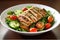 Vibrant salad with mixed greens, cherry tomatoes, sliced cucumbers, and grilled chicken