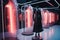 A vibrant scene in a room illuminated by neon lights, showcasing a diverse collection of womens clothing, A futuristic fashion