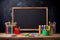 Vibrant school supplies on blackboard, back to school, Generative AI