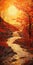 Vibrant Scottish Landscape Painting: Flowing River Under Orange Sunset