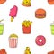 Vibrant Seamless Pattern with Delicious Assortment Of Fast Food Items, Including Burger, French Fries, Pizza And Soda
