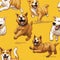 Vibrant seamless pattern with playful dogs in various poses and colors, adding joy to projects.