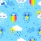 Vibrant seamless pattern. Vector hand drawn illustration. Set of weather elements in a flat cartoon style on blue