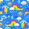 Vibrant seamless pattern. Vector hand drawn illustration. Set of weather elements in a flat cartoon style on blue