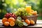 Vibrant Selection of Fresh Fruits on Rustic Garden Table with Artfully Blurred Natural Background