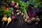 a vibrant selection of homegrown root vegetables on soil