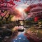 Vibrant and Serene Japanese Garden with Cherry Blossoms and Haikus