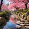 Vibrant and Serene Japanese Garden with Cherry Blossoms and Haikus