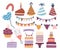 Vibrant Set Of Birthday Celebration Items, Featuring Colorful Balloons, Party Hats, Confetti, And A Dazzling Cakes