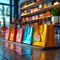 Vibrant shopping bags arranged on desk, illustrating desktop online shopping