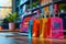 Vibrant shopping bags arranged on desk, illustrating desktop online shopping