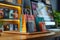 Vibrant shopping bags arranged on desk, illustrating desktop online shopping