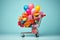 A vibrant shopping cart bursting with balloons and presents, creating a joyful and celebratory scene, Shopping cart loaded with
