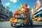 Vibrant shopping carts full of products on a busy city street. Exterior shot