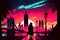Vibrant Skyline of London at Night with Human Silhouette in Historic Costume. AI Generative