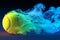 Vibrant smoke swirls around tennis ball, blending sports and art