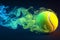 Vibrant smoke swirls around tennis ball, blending sports and art