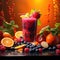 Vibrant Smoothie Medley: Backlit Glow, Colorful Ingredients, Detailed Textures, Layered Glass Presentation Highlighting Superfood