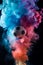 Vibrant soccer ball emerging from colorful smoke cloud on black background