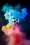 Vibrant soccer ball emerging from colorful smoke cloud on black background