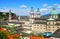 Vibrant soft view of Salzburg daytime typical cityscape in middle summer