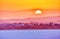 Vibrant and soften view of nice sunset over dry salt lake in Cyprus Larnaca in summer