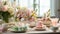 Vibrant spring picnic with a focus on floral arrangements, featuring a table adorned with pastel-colored flowers, vintage dishes,