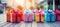 Vibrant stack of colorful gift boxes with blurred bokeh background of retail store window