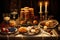 A vibrant still life painting showcasing a table abundant with mouthwatering food and flickering candles, A Hanukkah celebration,