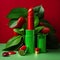 Vibrant still life of red container overflowing with green lipsticks and a single leaf.