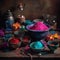 vibrant still life scene that captures the essence of Holi