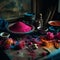 vibrant still life scene that captures the essence of Holi