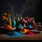 vibrant still life scene that captures the essence of Holi