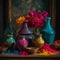 vibrant still life scene that captures the essence of Holi