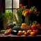 Vibrant still life with various vegetables and colorful flowers on a wooden table. AI-generated.