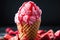 a vibrant strawberry ice cream on a waffle cone