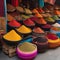 A vibrant street market with stalls of exotic spices, textiles, and handicrafts Colorful and lively marketplace2