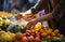 Vibrant street market Woman engages in selecting fresh vegetables