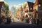 Vibrant street scene painting capturing the bustling energy of a crowded city with numerous people and buildings, Animated wedding