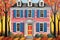 vibrant striped shutters on a saltbox style house, magazine style illustration