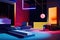 Vibrant studio set: A room adorned with a multitude of colored lights, a stage with dynamic hues, and assorted abstract