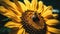 Vibrant sunflower blossom attracts busy bee for pollination in summer generated by AI