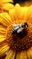 Vibrant sunflower scene Closeup bee collecting nectar