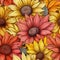 Vibrant sunflowers in varied sizes and colors, forming a visually appealing seamless pattern