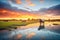 vibrant sunset behind cows in serene meadow